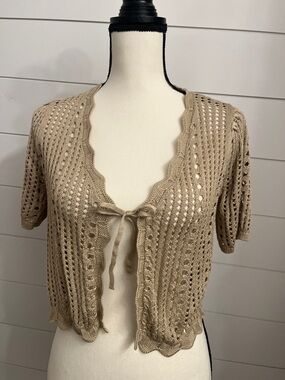 Beige Crochet Tie-Front Short Sleeve Cardigan Sweater